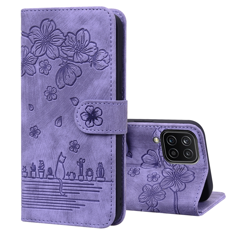 

For Samsung Galaxy A12 Cartoon Sakura Cat Embossed Leather Phone Case(Purple)