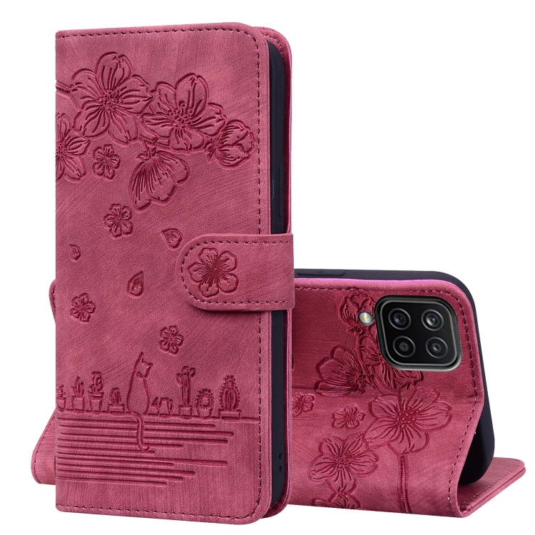 

For Samsung Galaxy A12 Cartoon Sakura Cat Embossed Leather Phone Case(Wine Red)