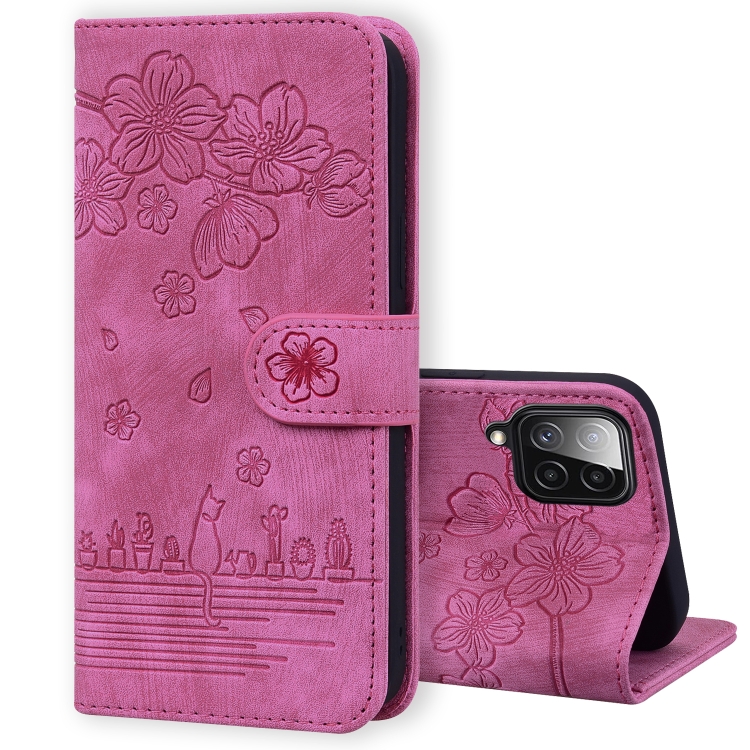 

For Samsung Galaxy A22 4G Cartoon Sakura Cat Embossed Leather Phone Case(Rose Red)
