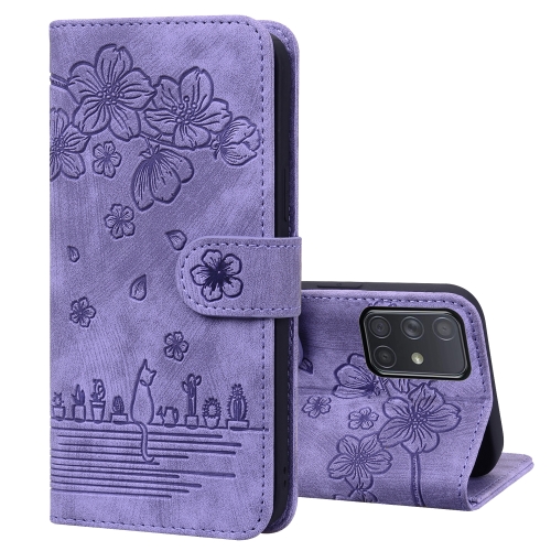 

For Samsung Galaxy A51 4G Cartoon Sakura Cat Embossed Leather Phone Case(Purple)