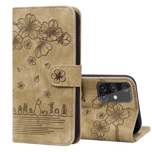 

For Samsung Galaxy A71 4G Cartoon Sakura Cat Embossed Leather Phone Case(Brown)