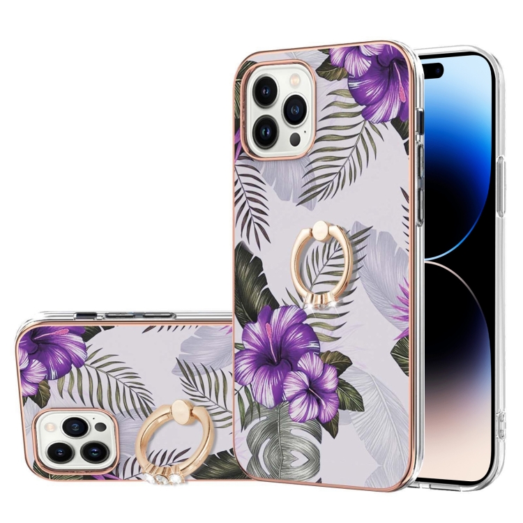 

Electroplating Pattern IMD TPU Shockproof Case with Rhinestone Ring Holder For iPhone 14 Pro Max(Purple Flower)