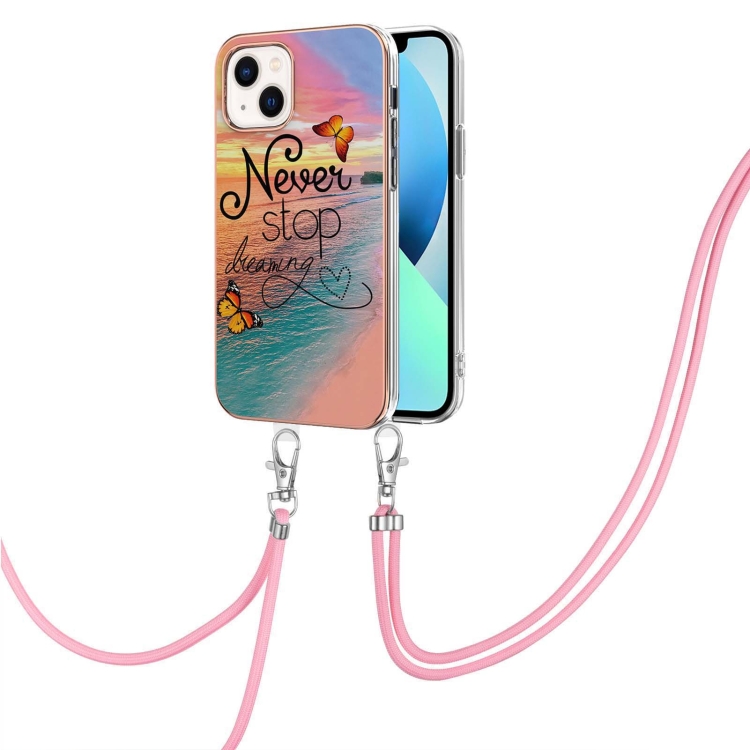 

Electroplating Pattern IMD TPU Shockproof Case with Neck Lanyard For iPhone 14(Dream Chasing Butterfly)