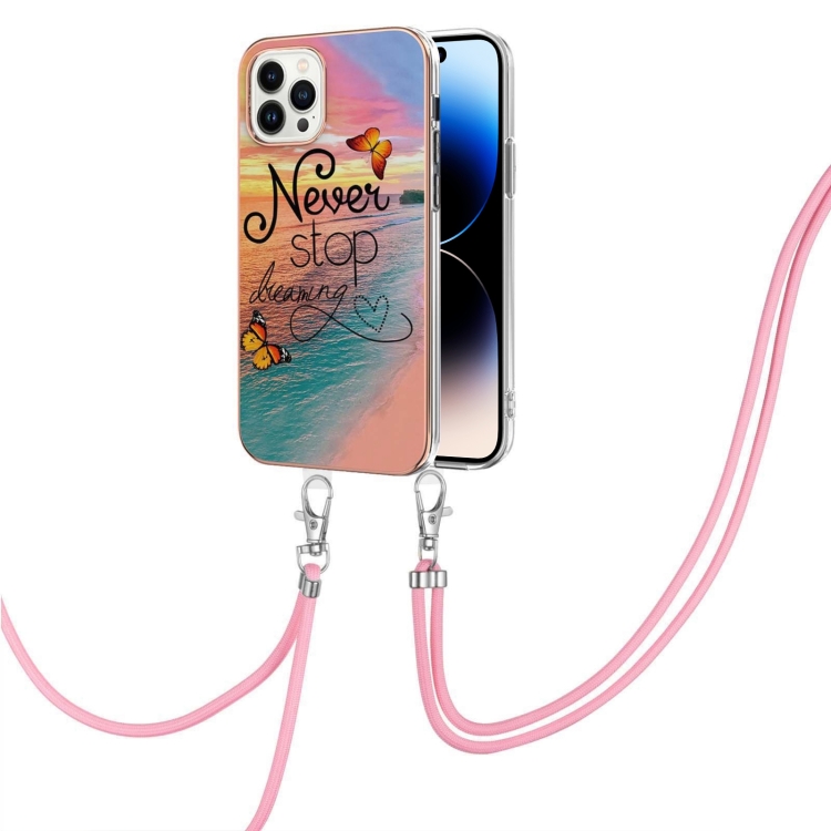 

Electroplating Pattern IMD TPU Shockproof Case with Neck Lanyard For iPhone 14 Pro(Dream Chasing Butterfly)