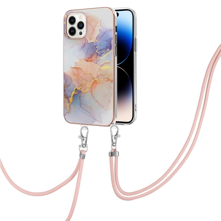 

Electroplating Pattern IMD TPU Shockproof Case with Neck Lanyard For iPhone 14 Pro Max(Milky Way White Marble)