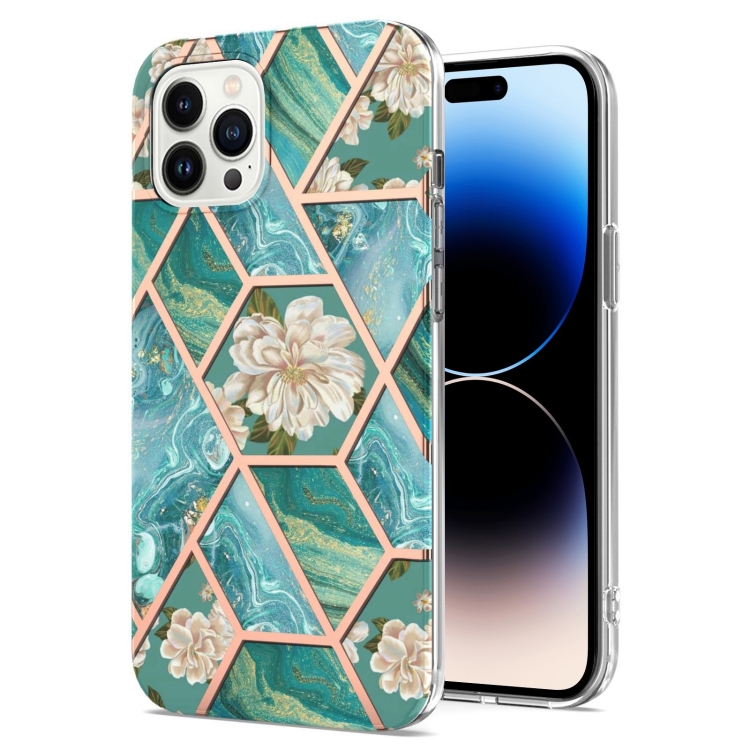 

For iPhone 14 Pro Electroplating Splicing Marble Flower Pattern TPU Shockproof Case(Blue Flower)