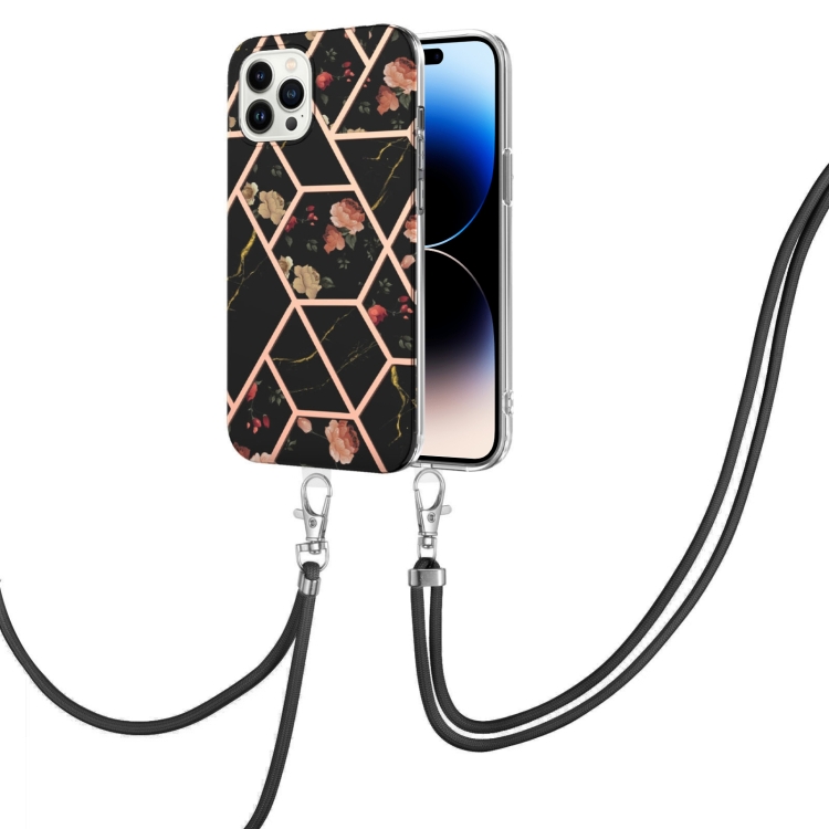 

Electroplating Splicing Marble Flower Pattern TPU Shockproof Case with Lanyard For iPhone 14 Pro(Black Flower)