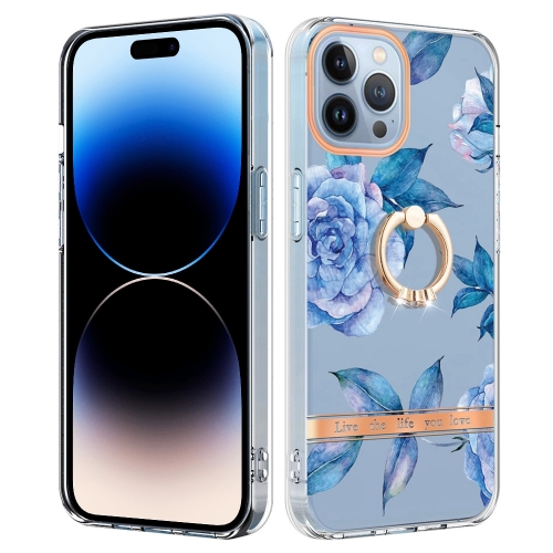 

For iPhone 14 Pro Ring IMD Flowers TPU Phone Case(Blue Peony)