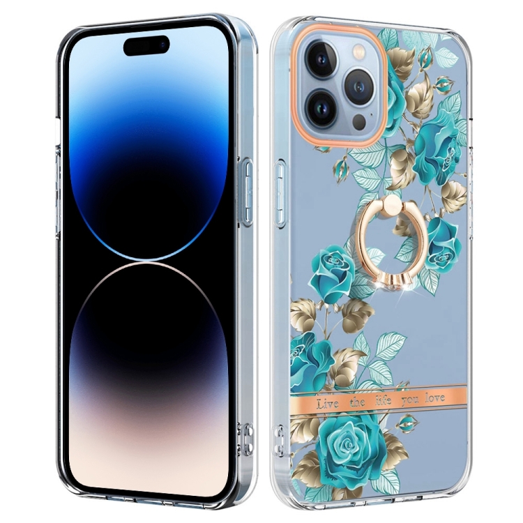 

For iPhone 14 Pro Max Ring IMD Flowers TPU Phone Case (Blue Rose)