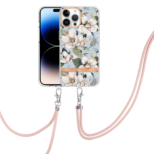 

For iPhone 14 Pro Flowers and Plants Series IMD TPU Phone Case with Lanyard(Green Gardenia)