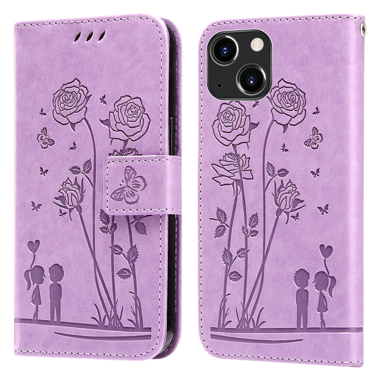 

For iPhone 14 Plus Embossing Rose Couple Leather Phone Case (Purple)