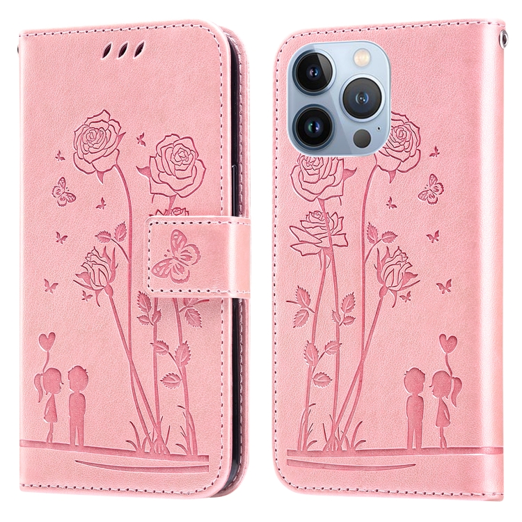 

For iPhone 14 Pro Embossing Rose Couple Leather Phone Case(Pink)