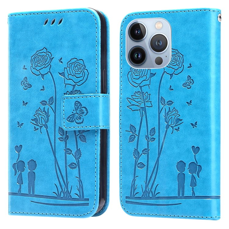 

For iPhone 14 Pro Max Embossing Rose Couple Leather Phone Case (Blue)