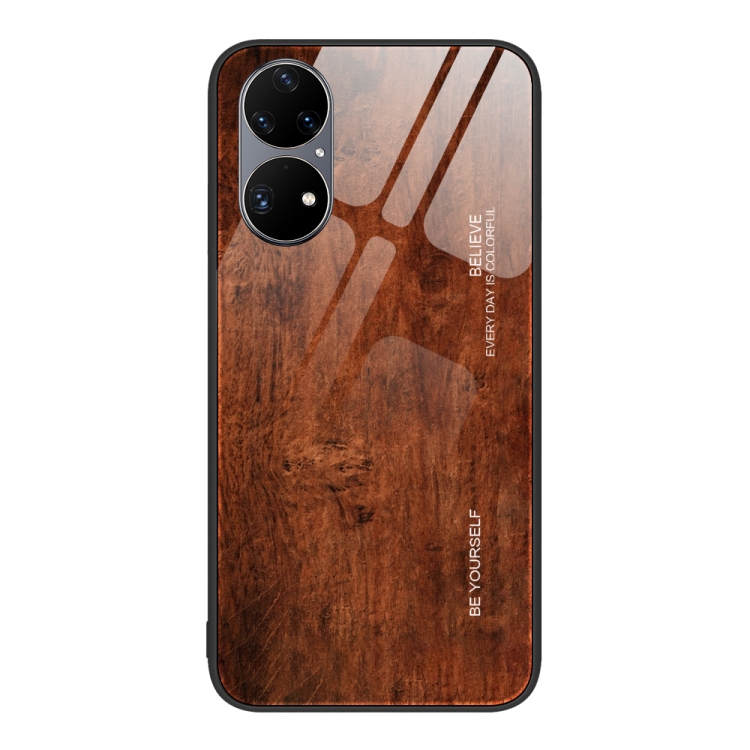 

For Huawei P50 Pro Wood Grain Glass Protective Case(Dark Brown)