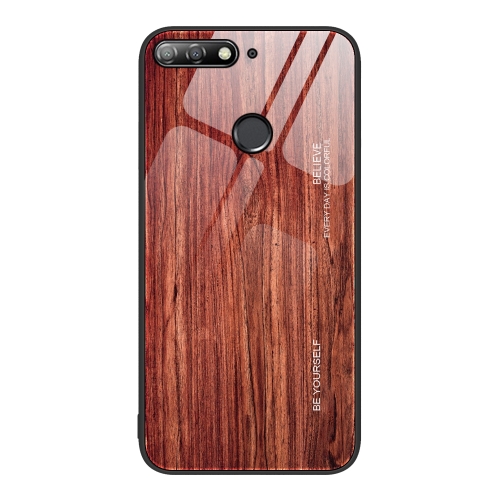 

For Huawei Enjoy 8e Wood Grain Glass Protective Case(Coffee)