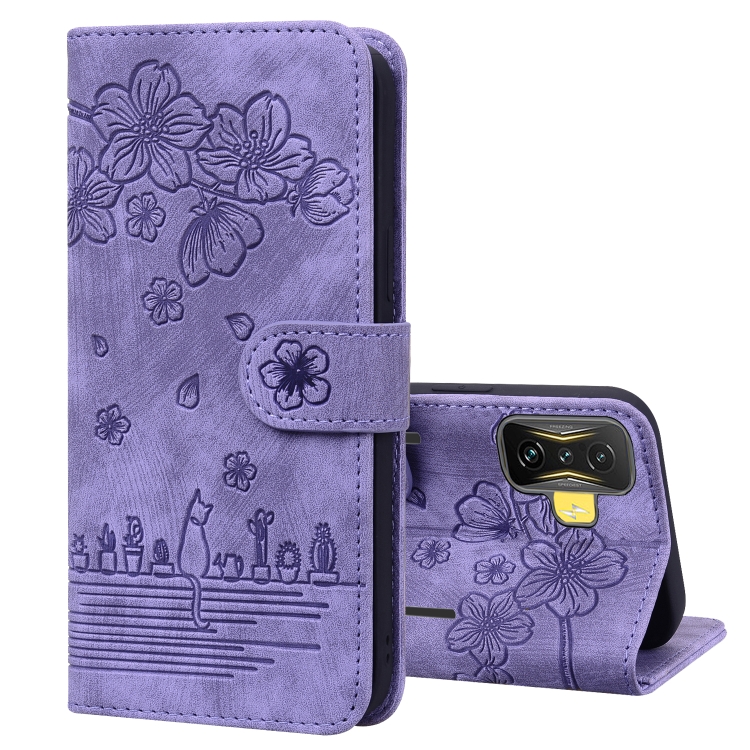 

For Xiaomi Poco F4 GT Cartoon Sakura Cat Embossed Leather Phone Case(Purple)