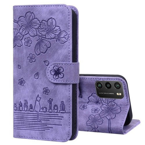 

For Xiaomi Poco M3 / Redmi 9T Global Cartoon Sakura Cat Embossed Leather Phone Case(Purple)
