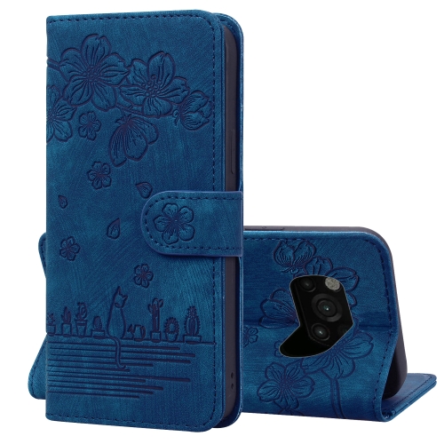 

For Xiaomi Poco X3 / X3 NFC Cartoon Sakura Cat Embossed Leather Phone Case(Royal Blue)