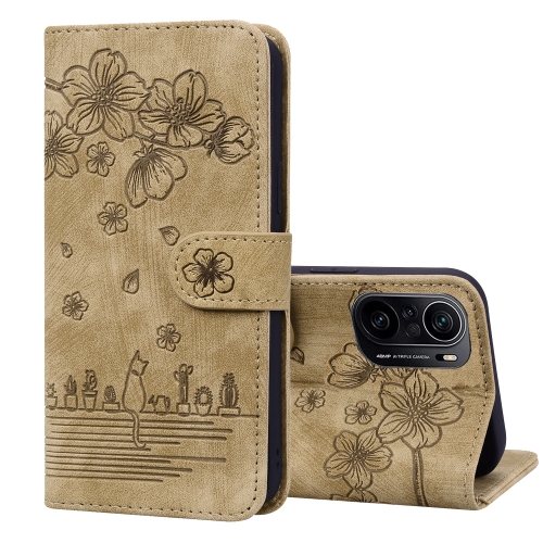 

For Xiaomi Redmi K40 / K40 Pro / Poco F3 / Mi 11i Cartoon Sakura Cat Embossed Leather Phone Case(Brown)