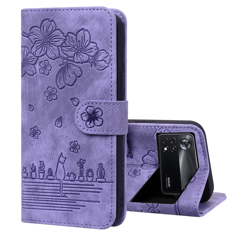 

For Xiaomi Poco M4 Pro 4G Global Cartoon Sakura Cat Embossed Leather Phone Case(Purple)