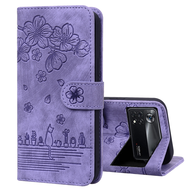 

For Xiaomi Poco M4 Pro 5G Global Cartoon Sakura Cat Embossed Leather Phone Case(Purple)