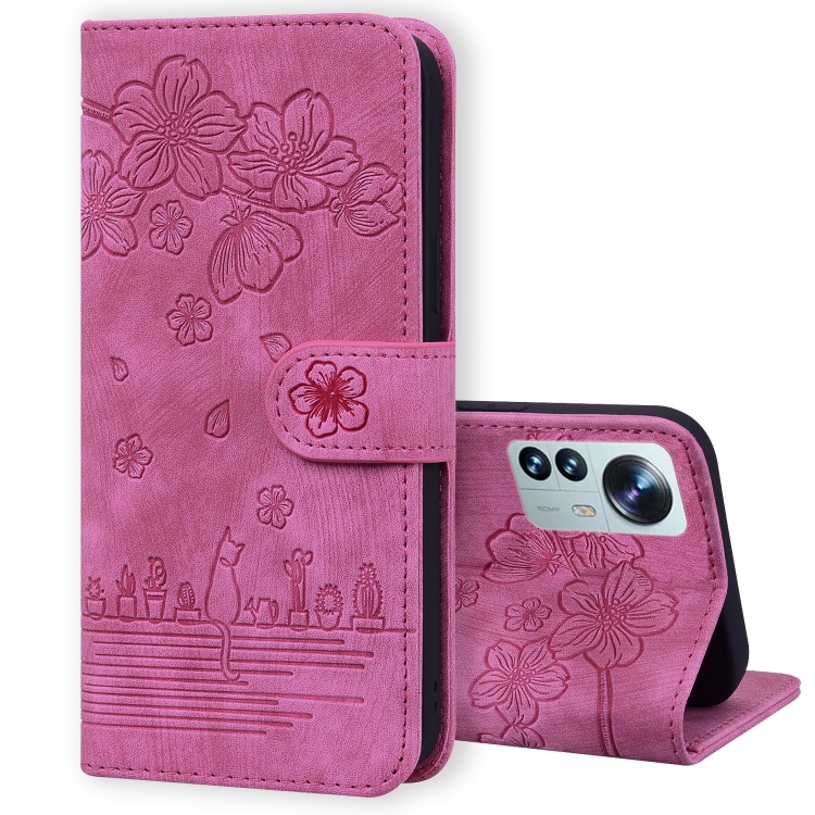 

For Xiaomi 12 / 12S / 12X Cartoon Sakura Cat Embossed Leather Phone Case(Rose Red)