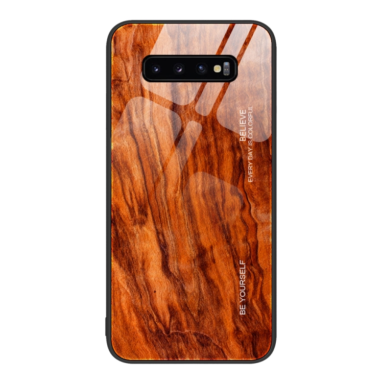 

For Samsung Galaxy S10+ Wood Grain Glass Protective Phone Case(Light Brown)