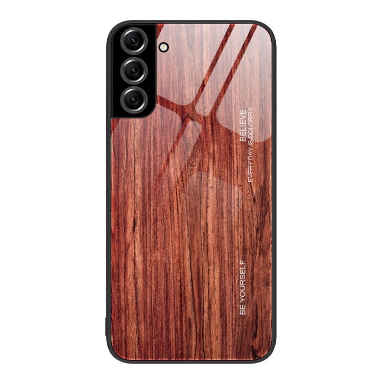 

For Samsung Galaxy S22+ 5G Wood Grain Glass Protective Phone Case(Coffee)