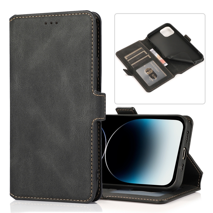 

For iPhone 14 Pro Retro Magnetic Closing Clasp Leather Case(Black)