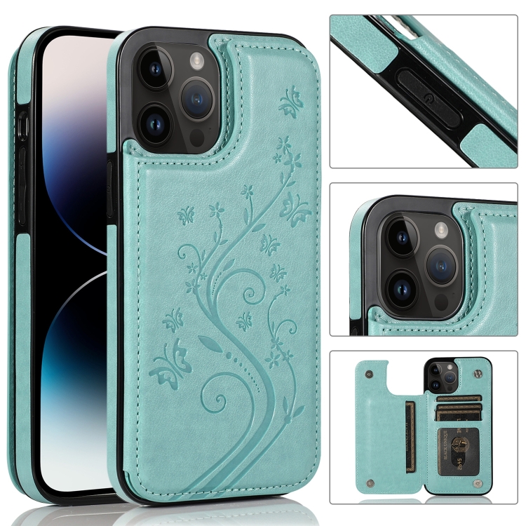 

For iPhone 14 Pro Max Butterflies Flowers Double Buckle Case (Green)