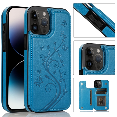 

For iPhone 14 Pro Butterflies Flowers Double Buckle Case(Blue)