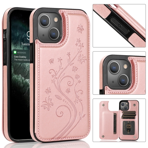 

For iPhone 14 Plus Butterflies Flowers Double Buckle Case (Rose Gold)