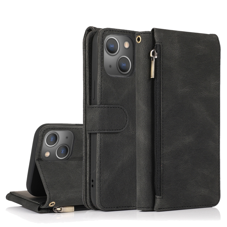 

Zipper Wallet Bag Leather Case For iPhone 14 Pro(Black)