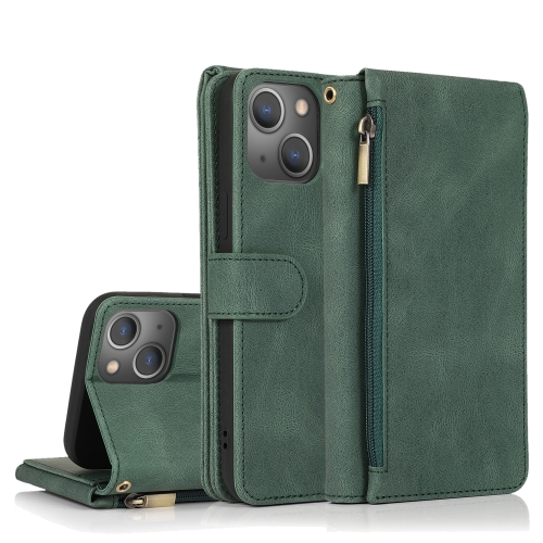 

Zipper Wallet Bag Leather Case For iPhone 14(Dark Green)