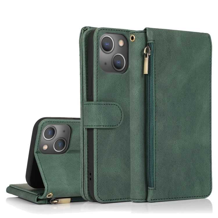 

Zipper Wallet Bag Leather Case For iPhone 14 Max(Dark Green)