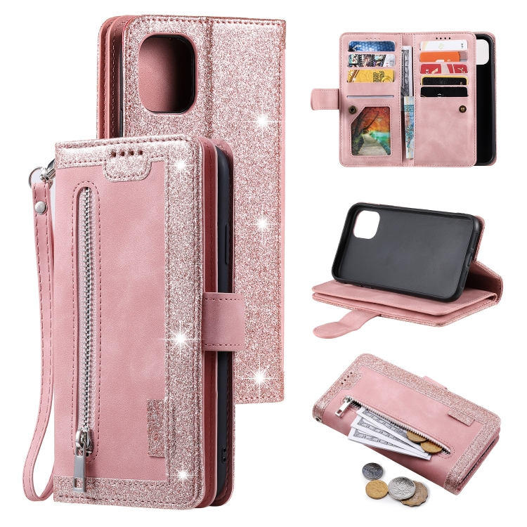 

9 Card Slots Zipper Bag Leather Case For iPhone 14 Pro Max(Pink)