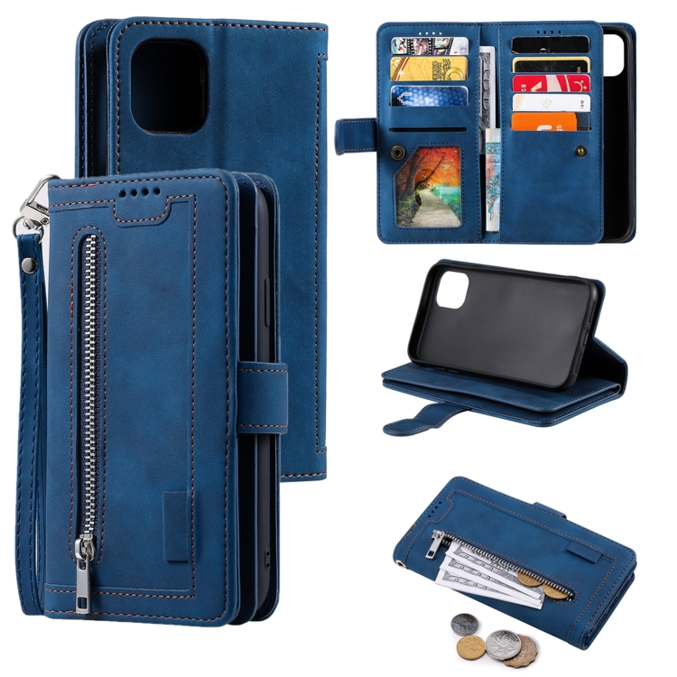 

9 Card Slots Zipper Bag Leather Case For iPhone 14 Max(Blue)