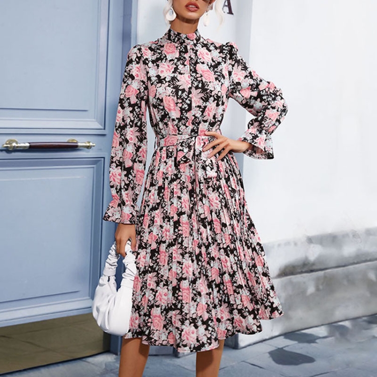 

Elegant Long-sleeved Print Turtleneck Women Dress, Size:S(Black)