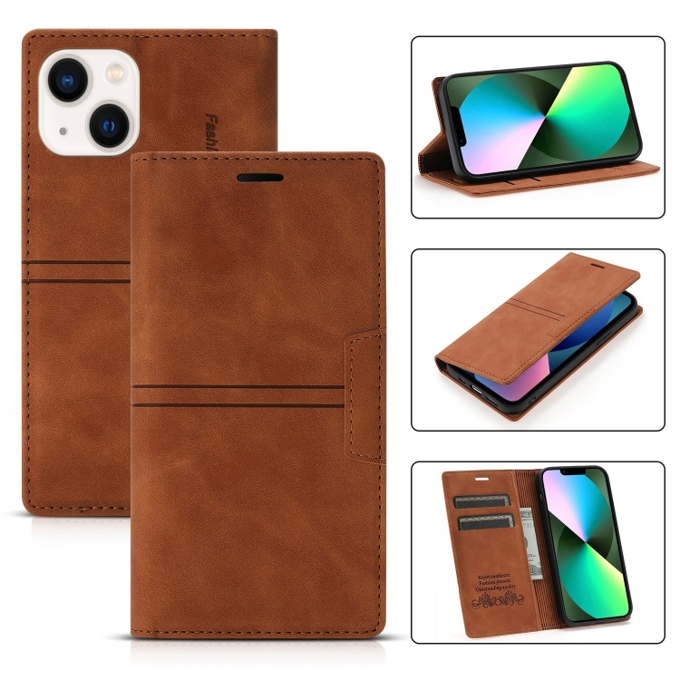 

For iPhone 14 Magnetic Leather Phone Case (Brown)
