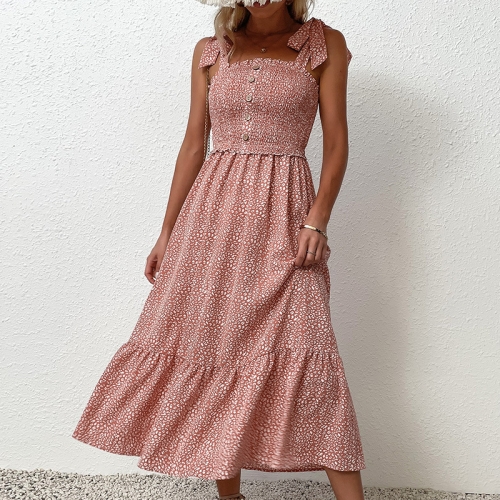 

Pink Floral Tie Ruffle Slip Dress, Size:S(Pink)