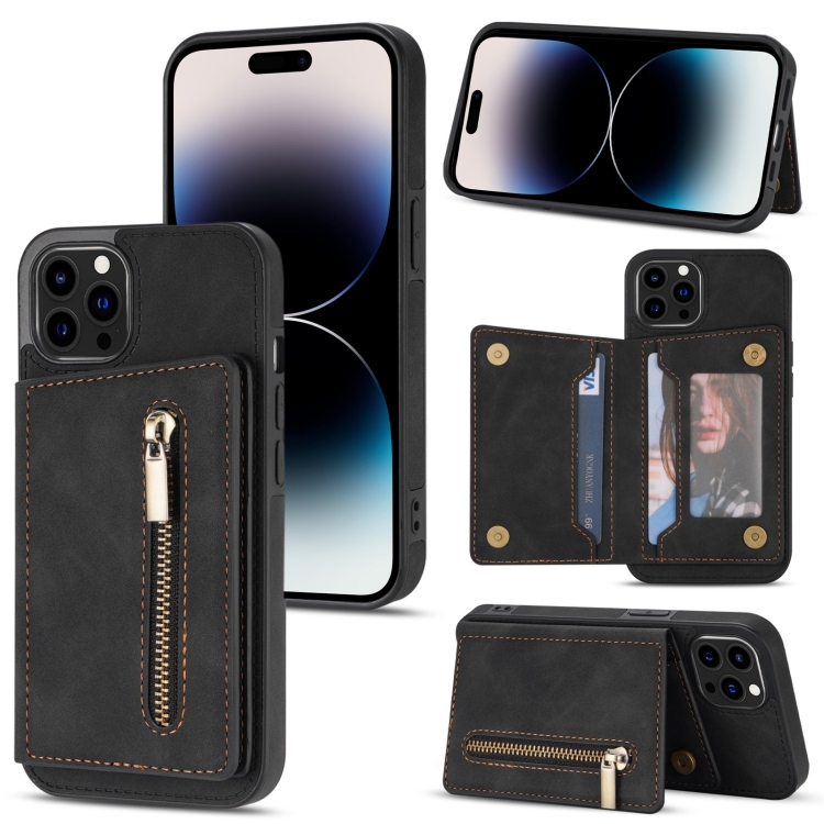 

For iPhone 14 Pro Max Zipper Card Holder Phone Case (Black)