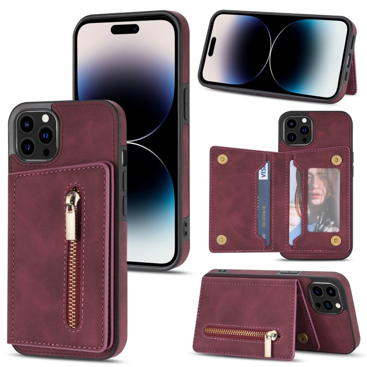 

For iPhone 14 Pro Zipper Card Holder Phone Case(Wine Red)