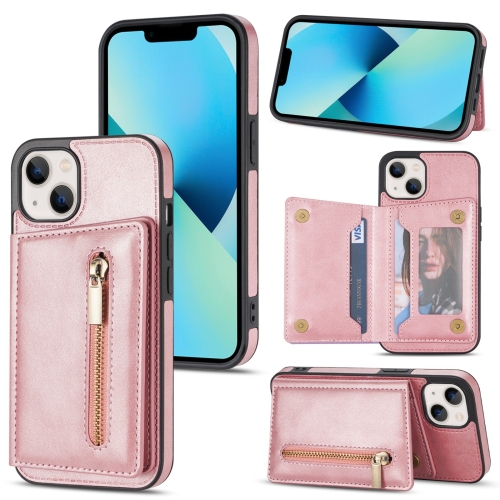 

For iPhone 14 Zipper Card Holder Phone Case (Rose Gold)