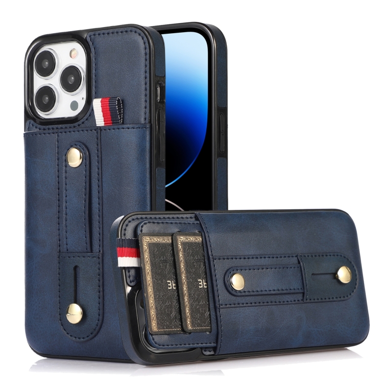 

For iPhone 14 Pro Max Wristband Kickstand Wallet Leather Phone Case (Blue)
