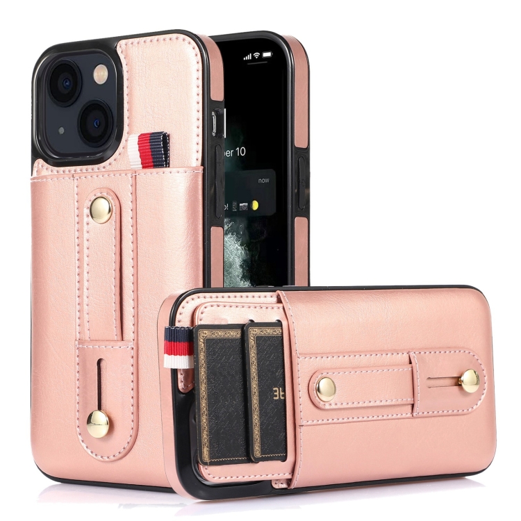 

For iPhone 14 Plus Wristband Kickstand Wallet Leather Phone Case (Rose Gold)