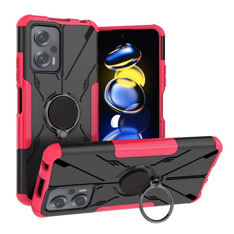 

For Xiaomi Redmi Note 11T Pro Armor Bear Shockproof PC + TPU Phone Case with Ring(Rose Red)