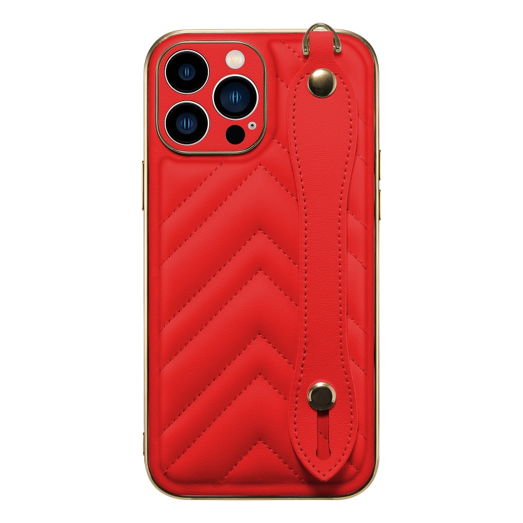 

D03 PU Leather Electroplated Phone Case with Wrist Strap For iPhone 13 Pro(Red)