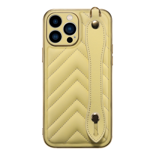 

D03 PU Leather Electroplated Phone Case with Wrist Strap For iPhone 13 Pro Max(Yellow)