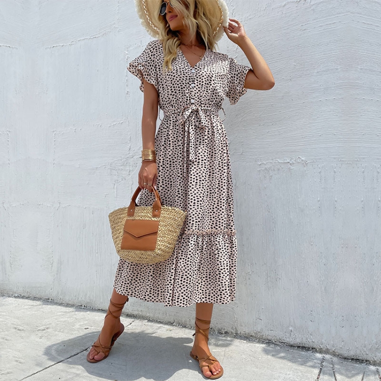 

Ruffle Leopard Women Split Dress, Size:S(Apricot)
