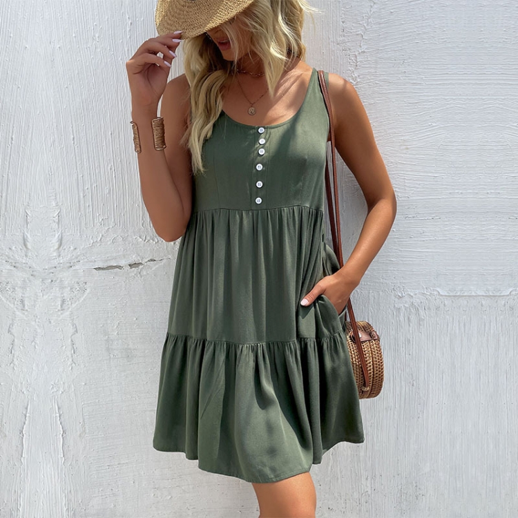 

Sleeveless Casual Dress Sling Green Loose Dress, Size:S(Army Green)